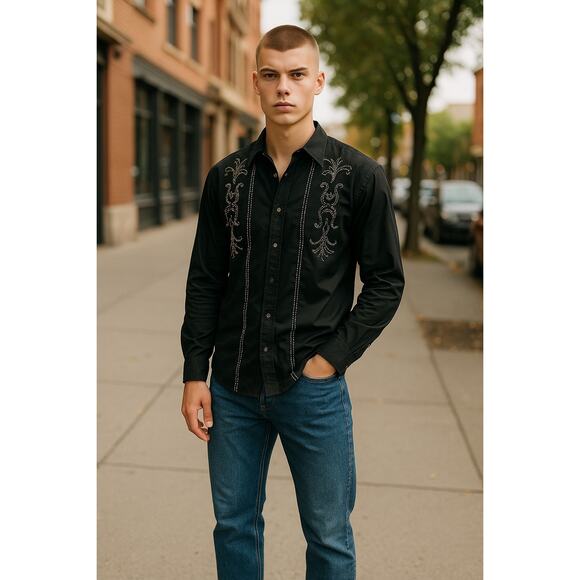 American Vintage Mens Cotton Embroidered Western Button-up Shirt  Black - Picture 1 of 7
